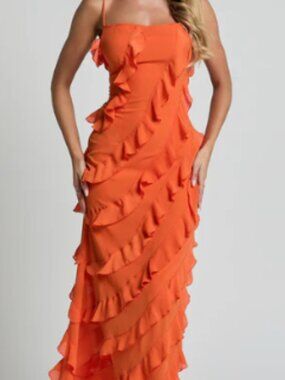 Arnie Midi Dress - Strapless Ruffle Detail Slip Dress in Orange